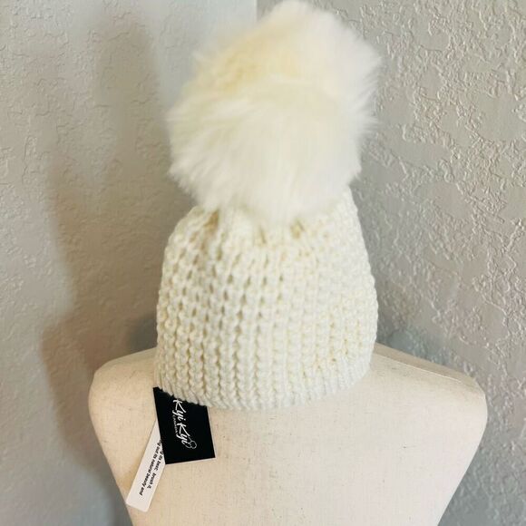 KYI KYI Faux Fur Pompom‎ Classic Wool Beanie Hat, Ivory, One Size, NWT